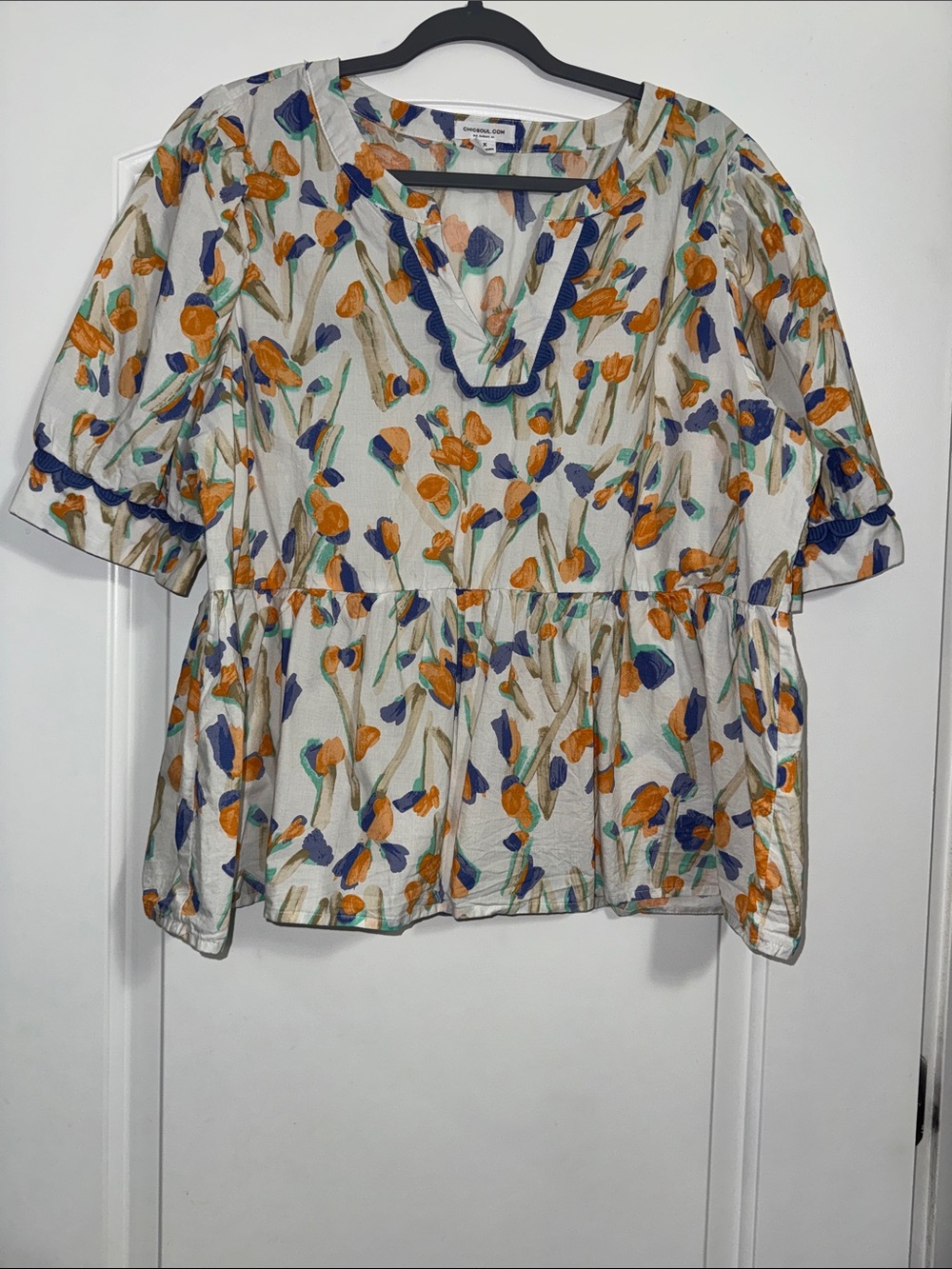 Chic Soul Cream Floral Peplum Blouse with Orange & Blue Accents